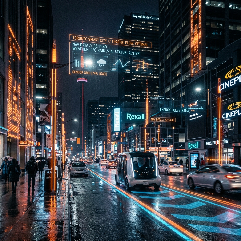 Canadian city with AI data overlays at night