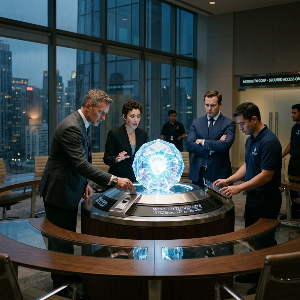 Executives in a boardroom securing an AI core