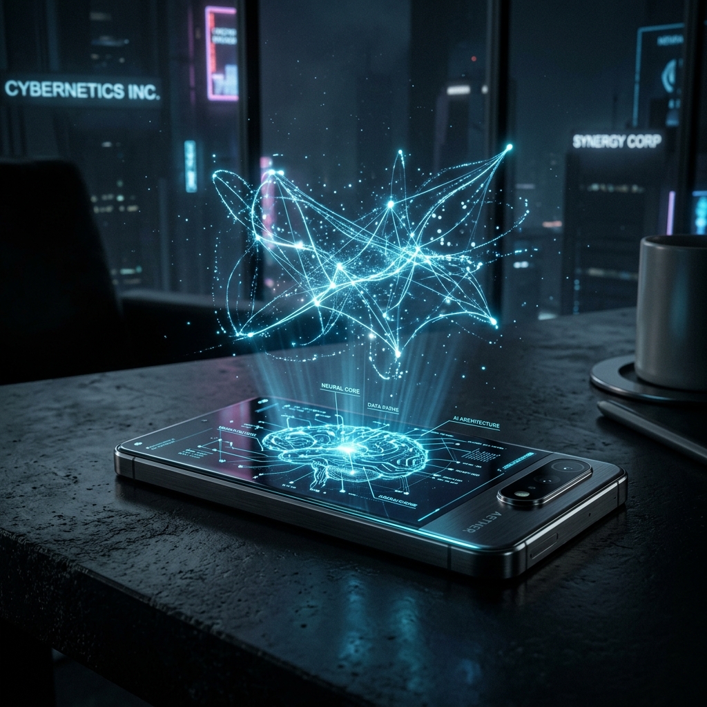 Futuristic smartphone emitting a glowing neural network aura