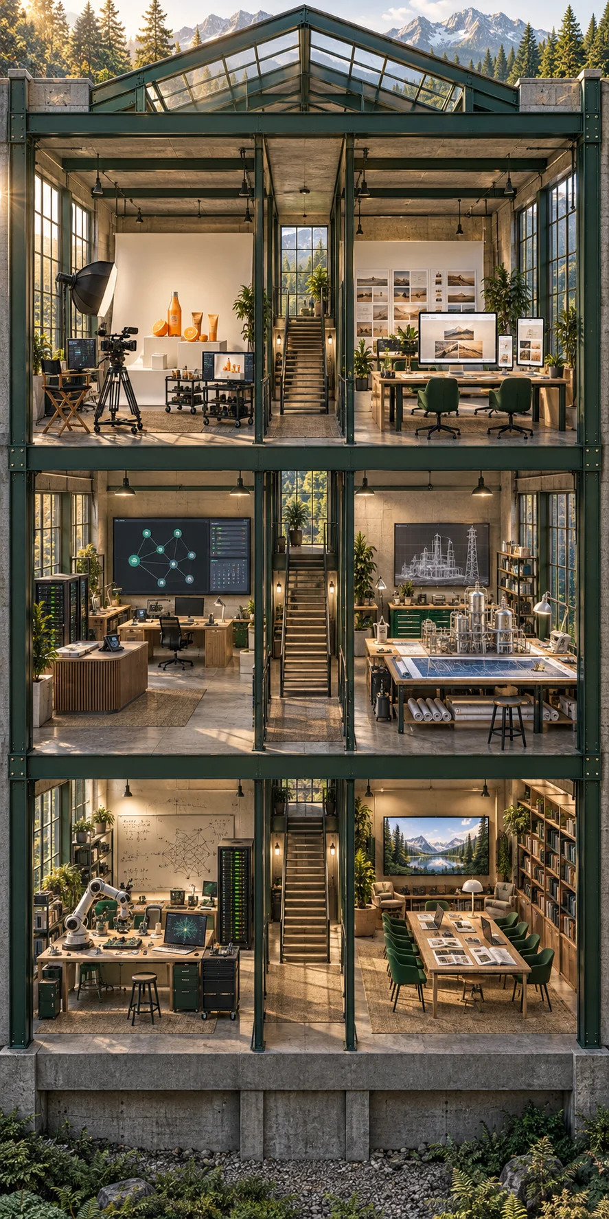 An imagined three-storey Opcelerate warehouse, with six open rooms joined by a central staircase: a creative studio and website desk upstairs, business AI and engineering on the middle floor, and a research lab and learning room below.