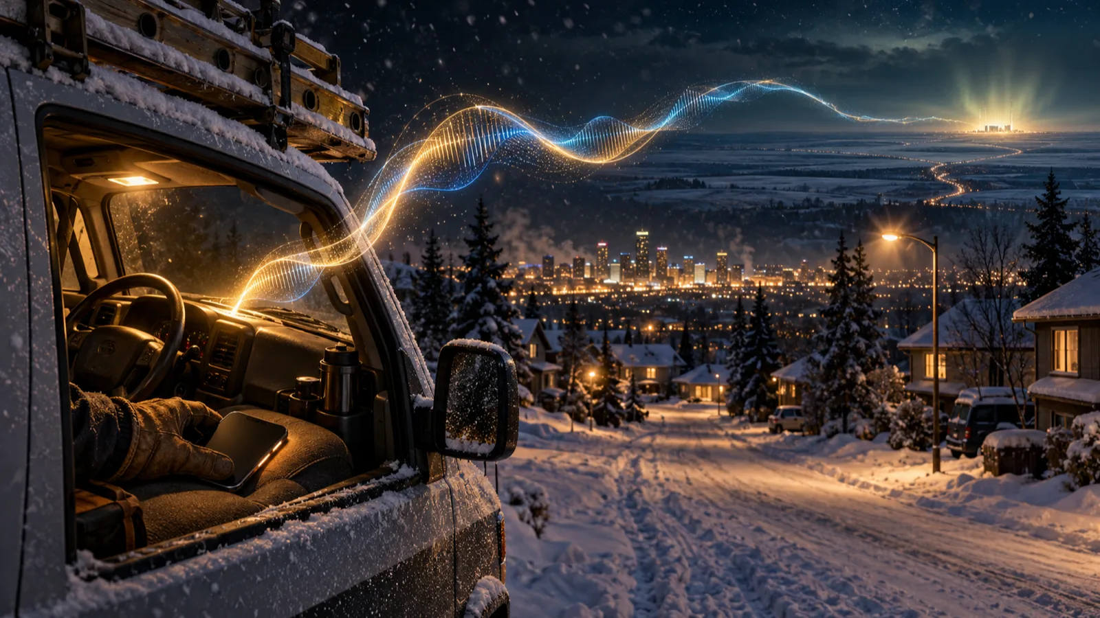 From a snowy contractor van on an Edmonton street at night, a glowing ribbon of sound rises over the city skyline and travels far across the prairie toward a distant horizon.