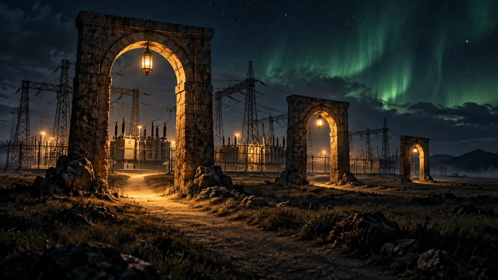 Editorial illustration of three lit gateways of narrowing width guarding a prairie electrical substation at night