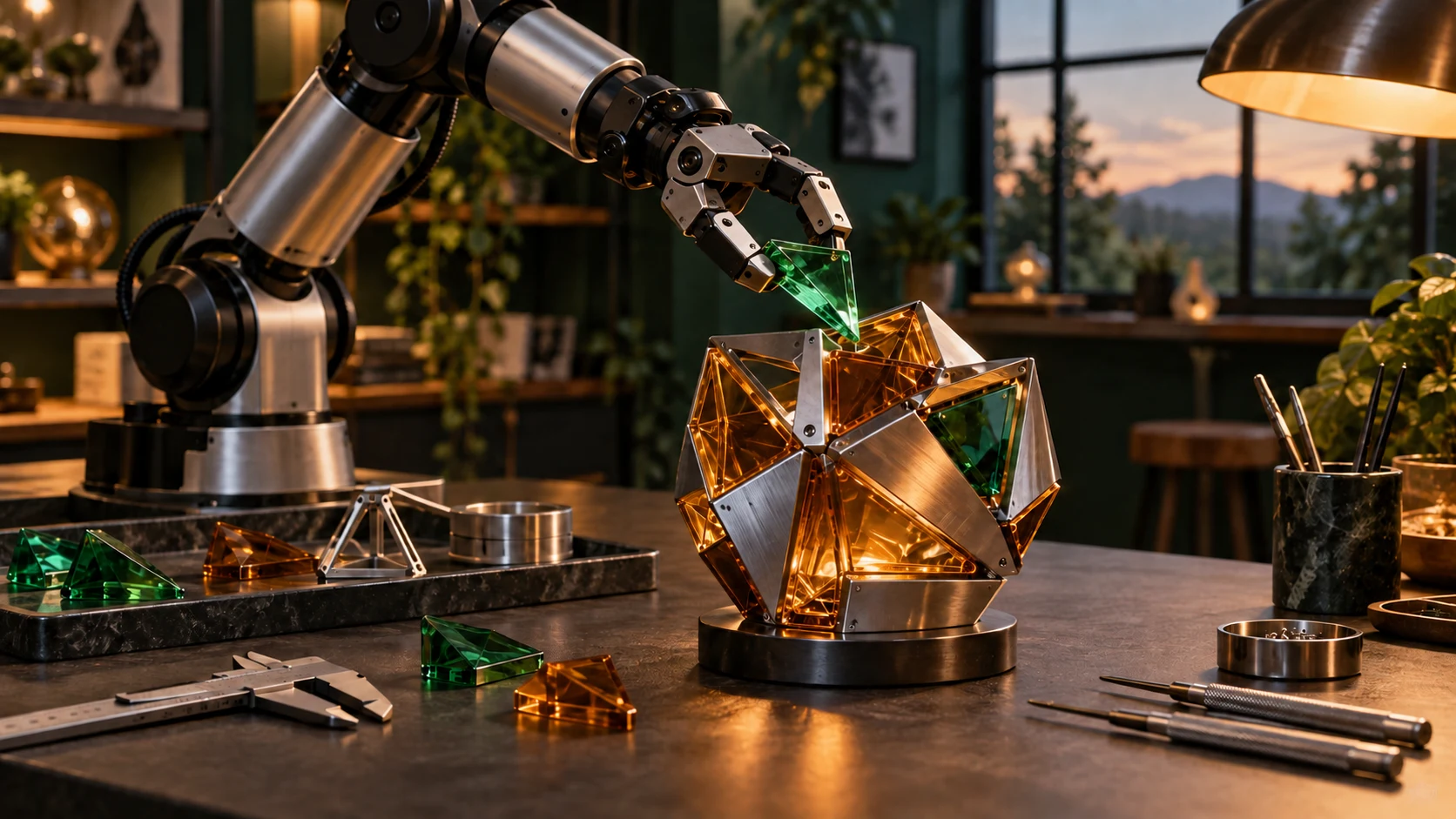 A robotic gripper placing a jade glass component into a metal-and-glass sculpture.