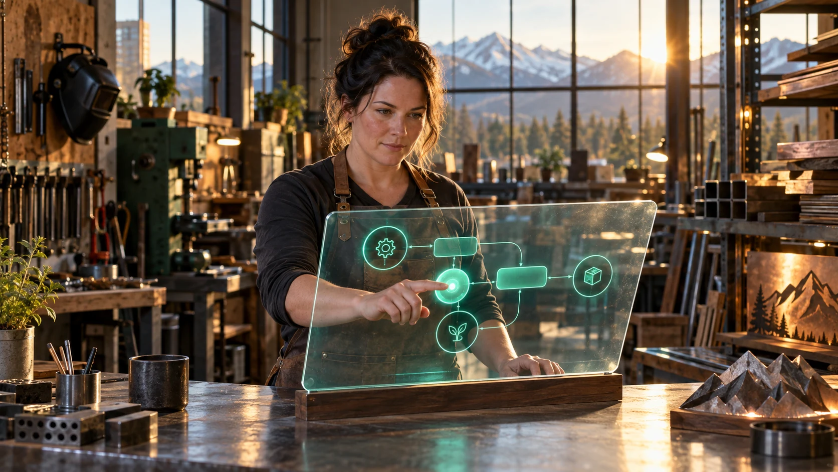 A small-business owner using a luminous workflow display in a sunlit workshop.