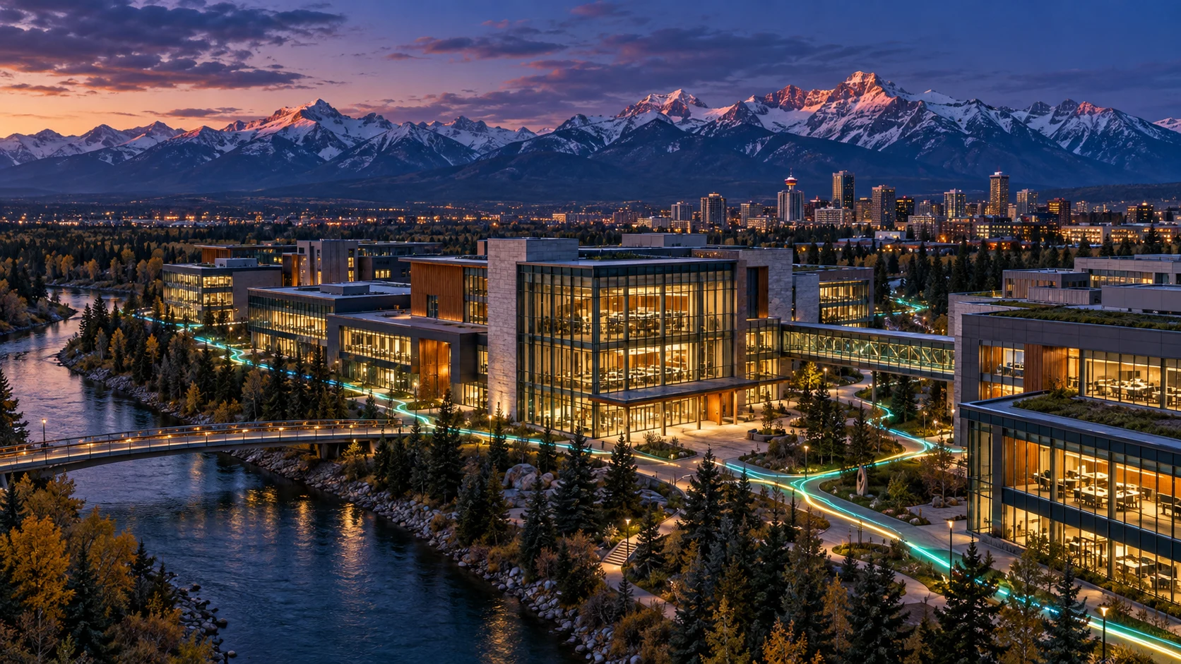 An imagined Canadian research district with illuminated paths and the Rocky Mountains at dusk.