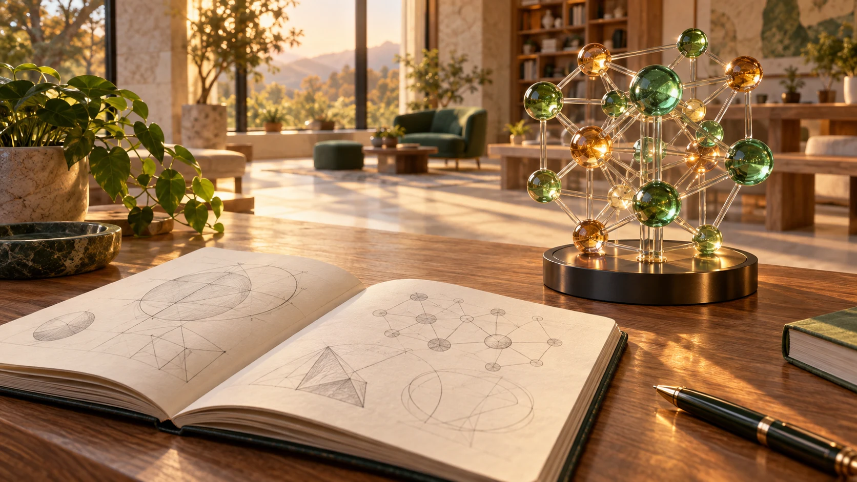 An open sketchbook beside a jade-and-amber glass neural model in a sunlit learning studio.