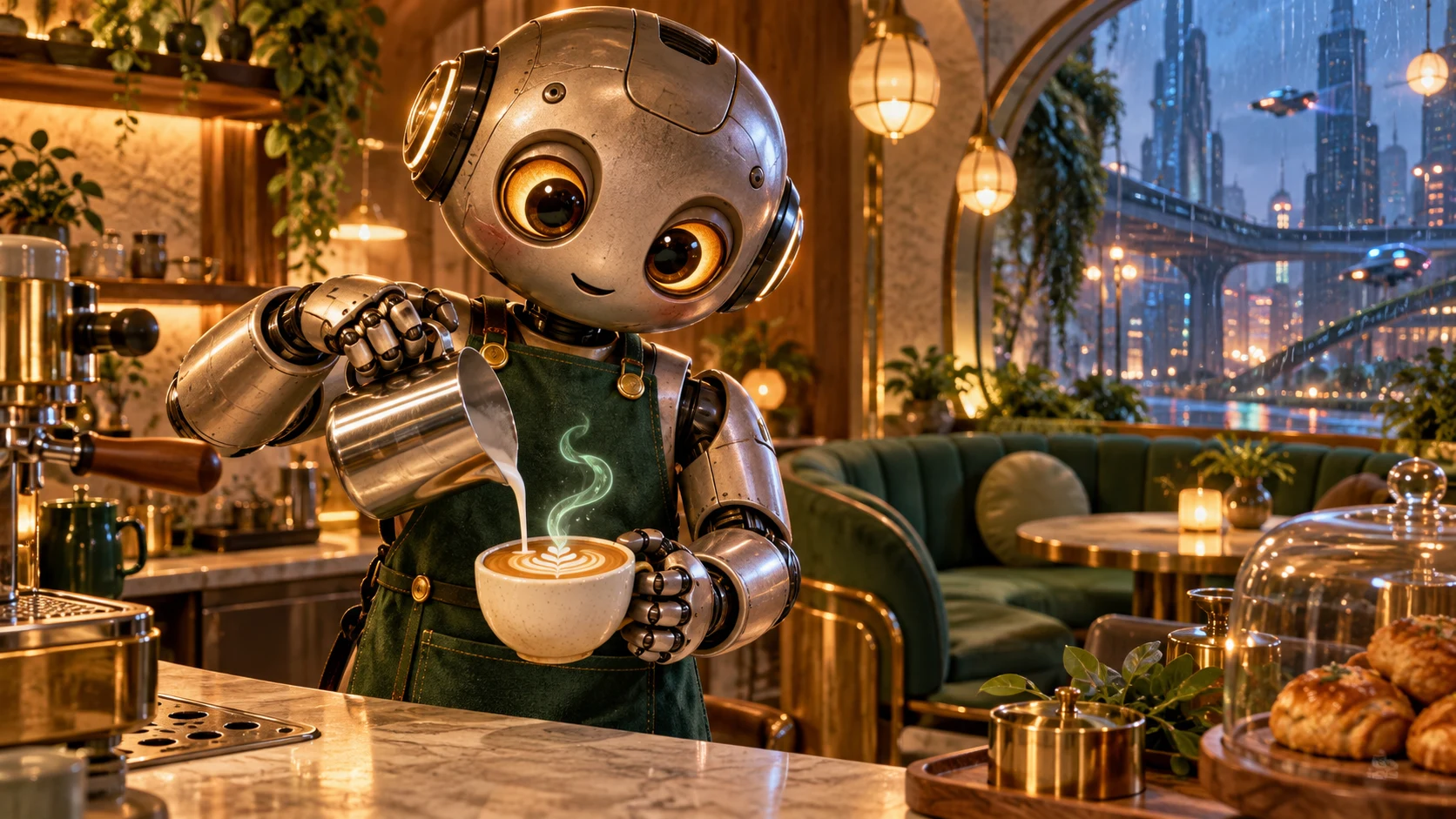 An imaginary robot barista pouring a latte in a warm cafe overlooking a futuristic city.