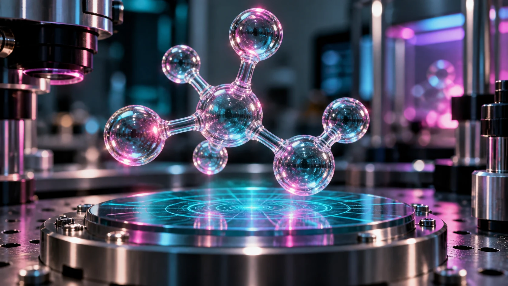 A glass molecular sculpture above a glowing teal simulation surface in a laboratory.