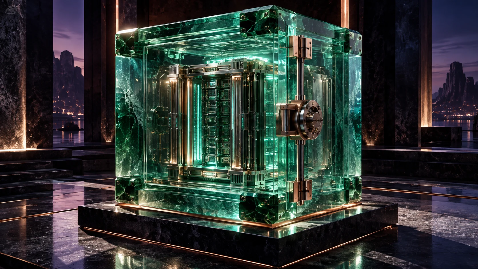 A translucent jade-glass vault surrounding a luminous server core.