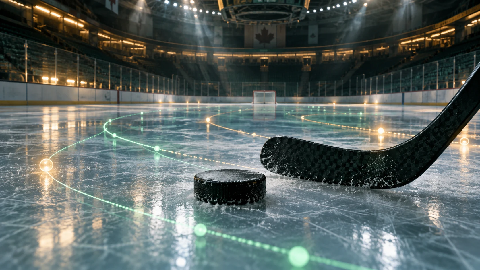 A hockey puck and stick on an imagined ice rink, with glowing motion-tracking paths.