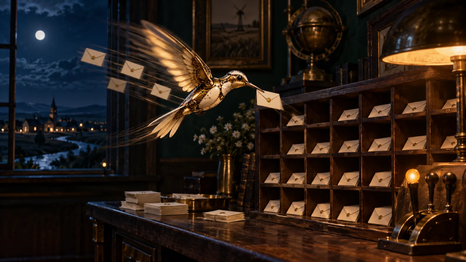 Editorial illustration of a swift brass mechanical hummingbird sorting many sealed envelopes into pigeonholes on a night desk