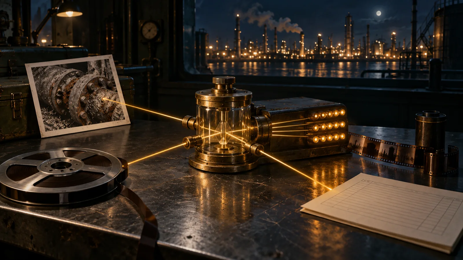 Editorial illustration of a brass-and-glass sorting instrument receiving amber light beams from an inspection photo, audio tape reel and film strip