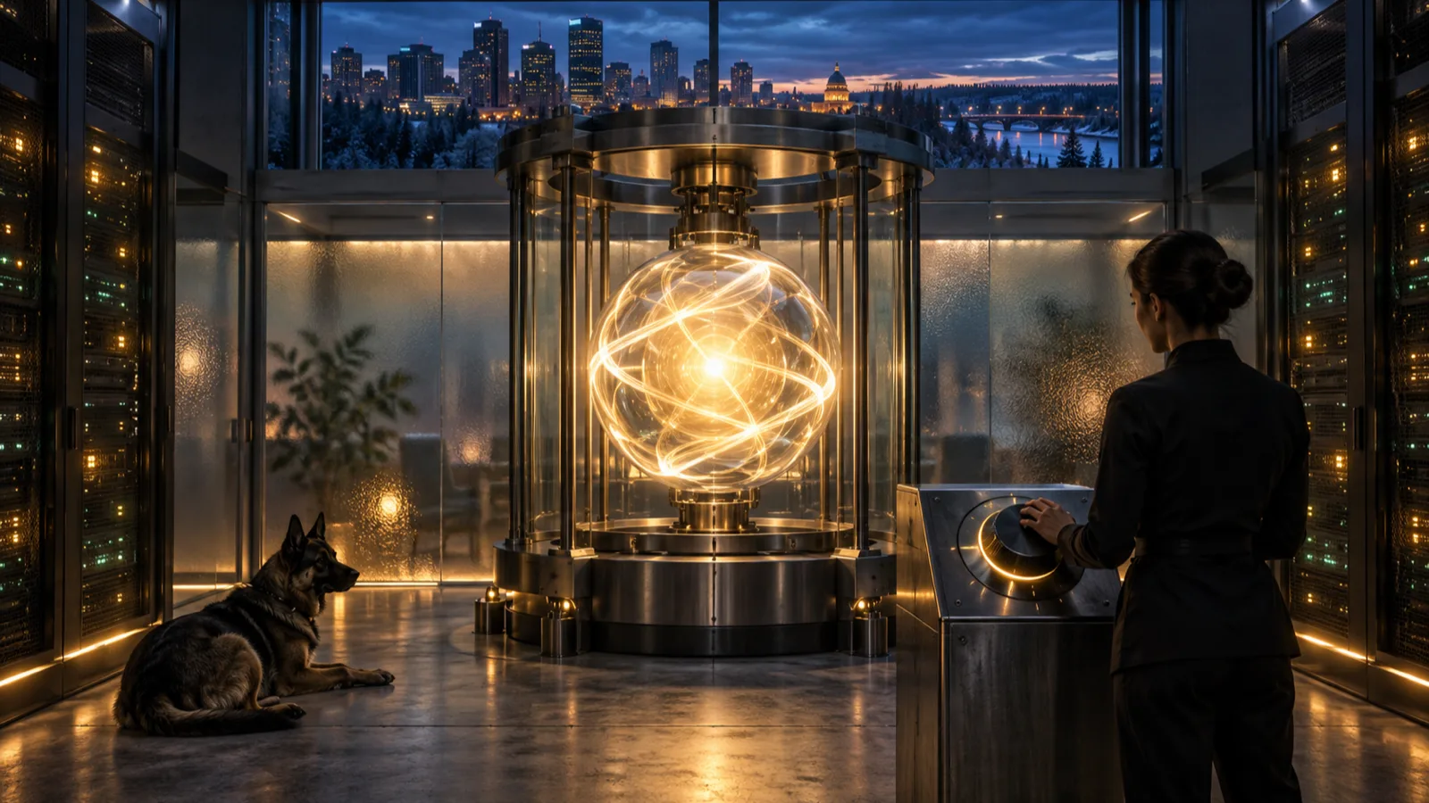 A sealed amber agent core inside a frosted glass bay in an Edmonton operations room, with a gold governance dial on the console and the skyline beyond.