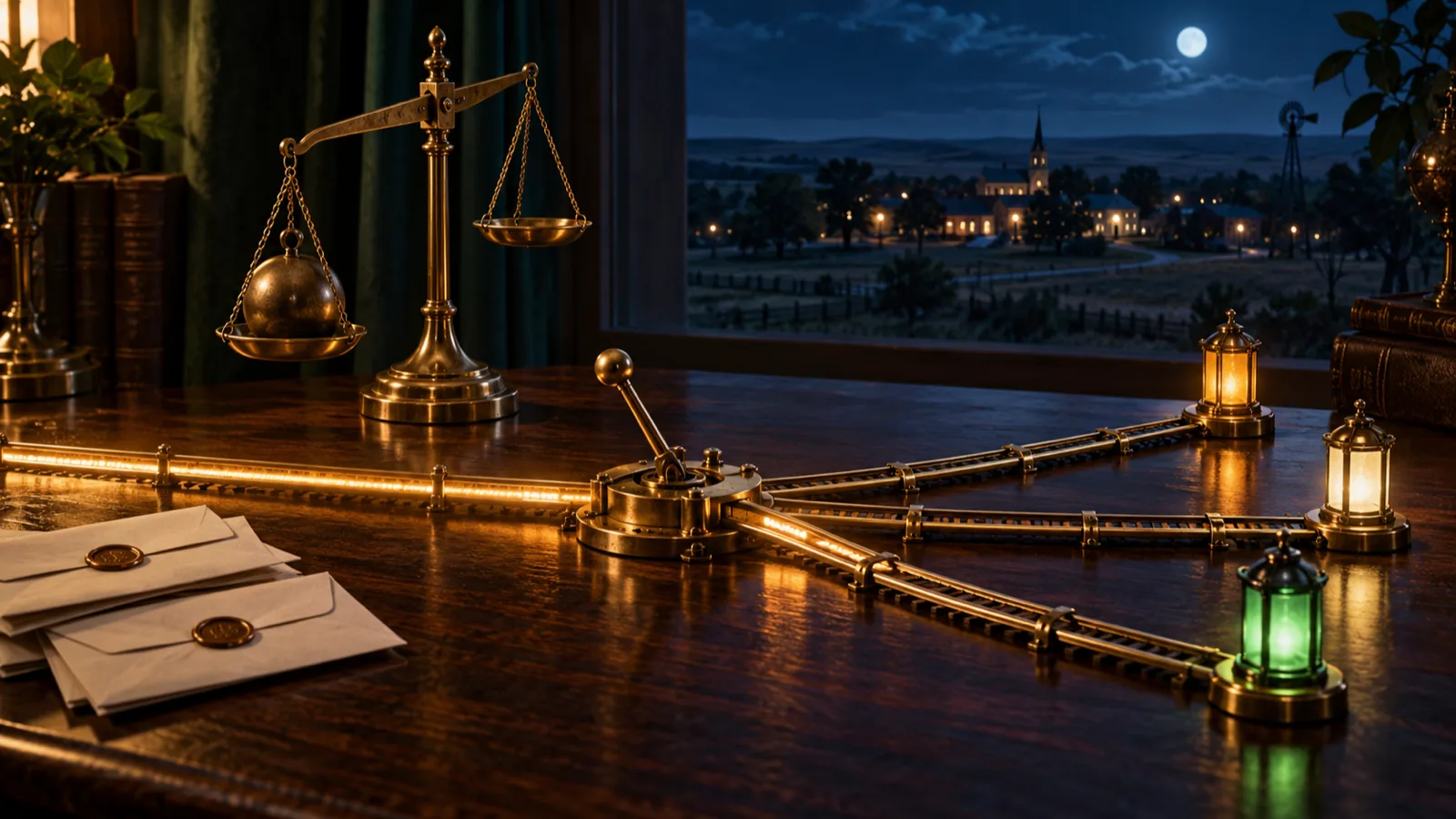 Editorial illustration of a brass signal switch splitting one amber track into three rails to lanterns, beside a tipping balance scale on a night desk