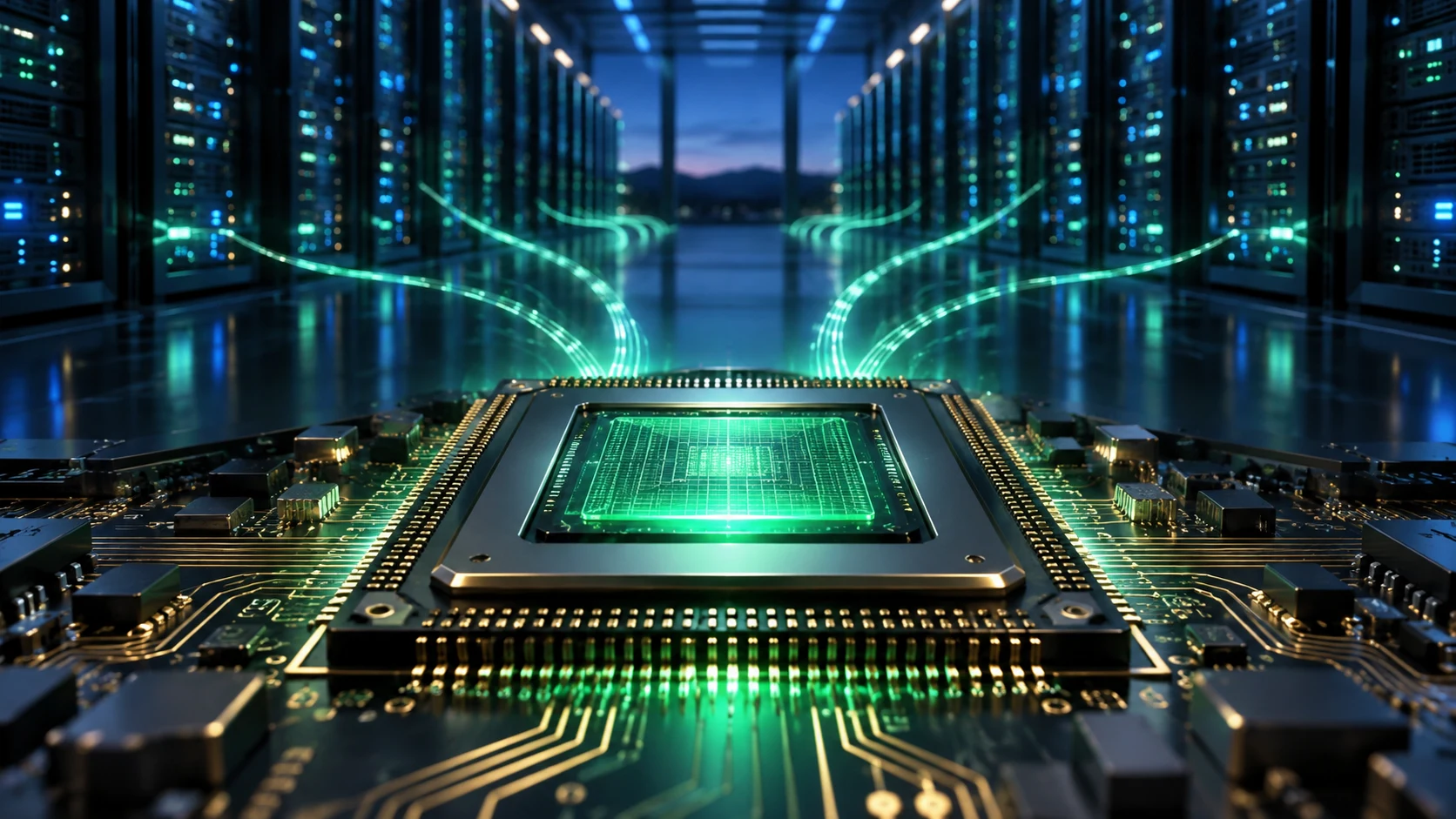 An emerald-lit processor connected by light trails to a dark server corridor.
