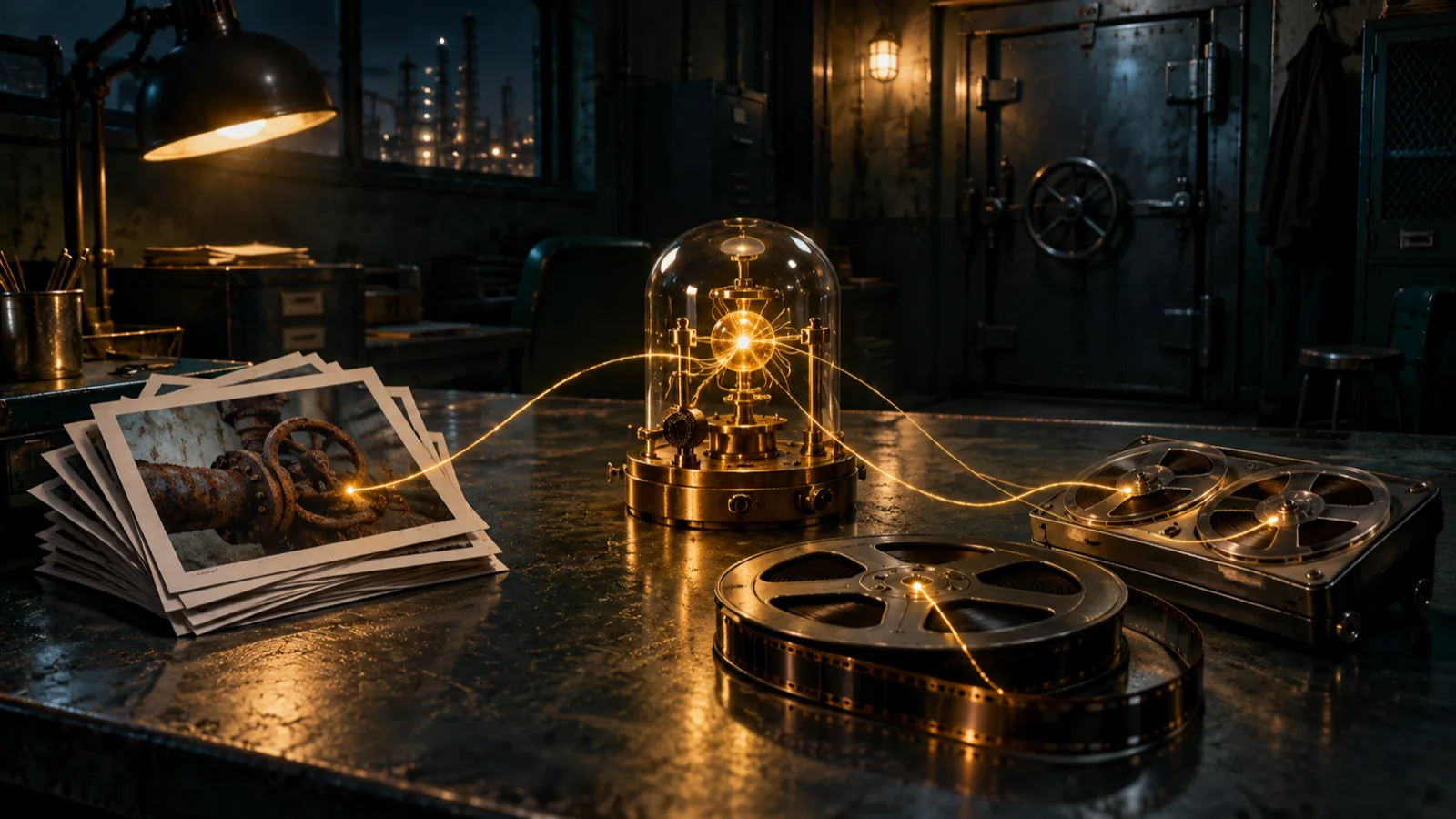Editorial illustration of a compact brass search instrument linking inspection photos, film and sound recordings inside a locked plant office