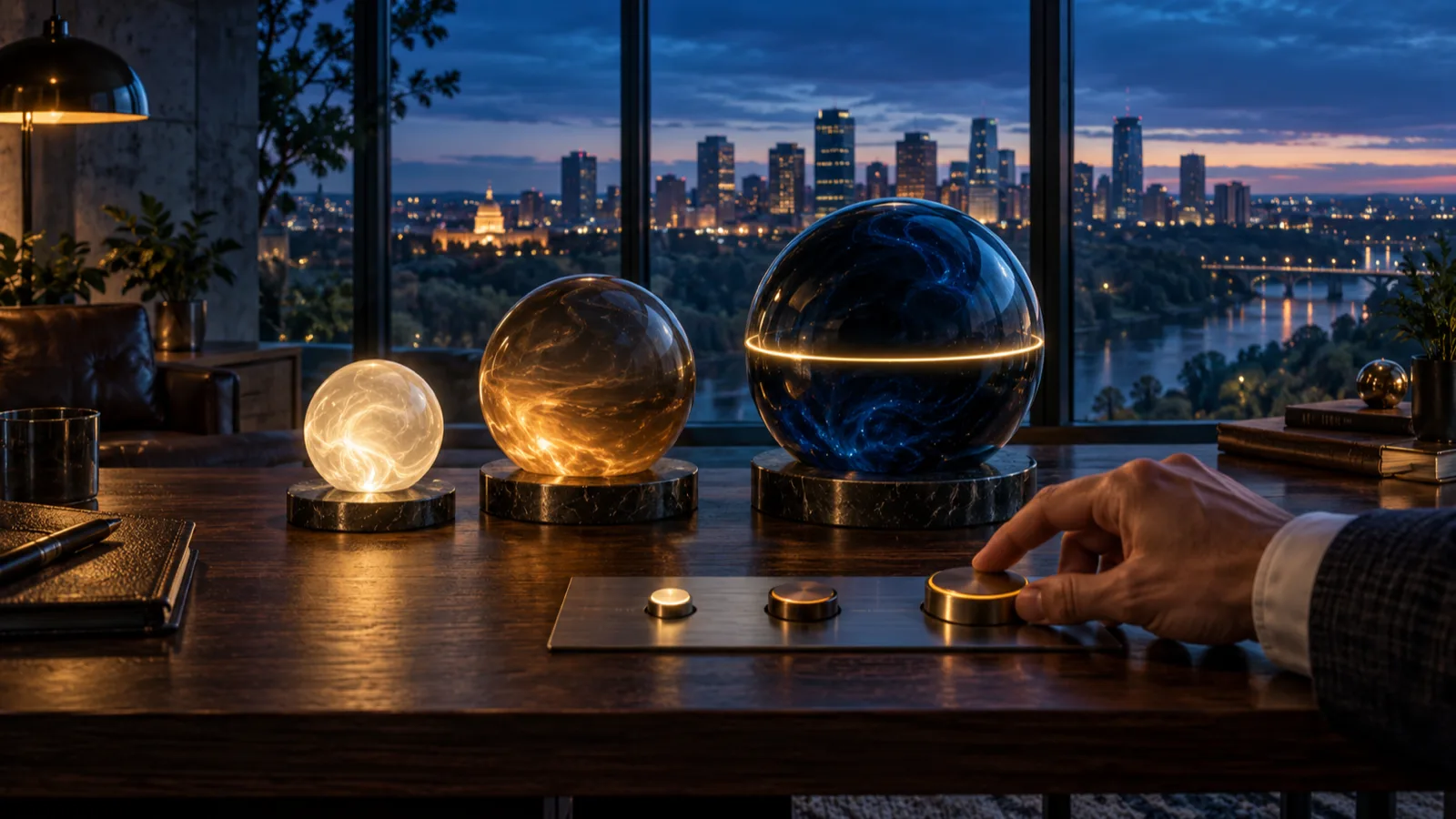 Three sculptural glass model orbs on an Edmonton loft desk, with free access narrowing and a hand reaching toward a plan selector.