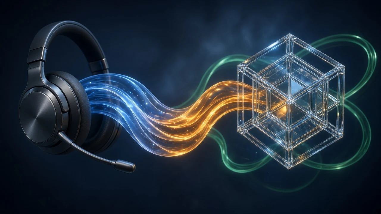 Sapphire and amber light ribbons linking studio headphones to a glass thinking lattice.