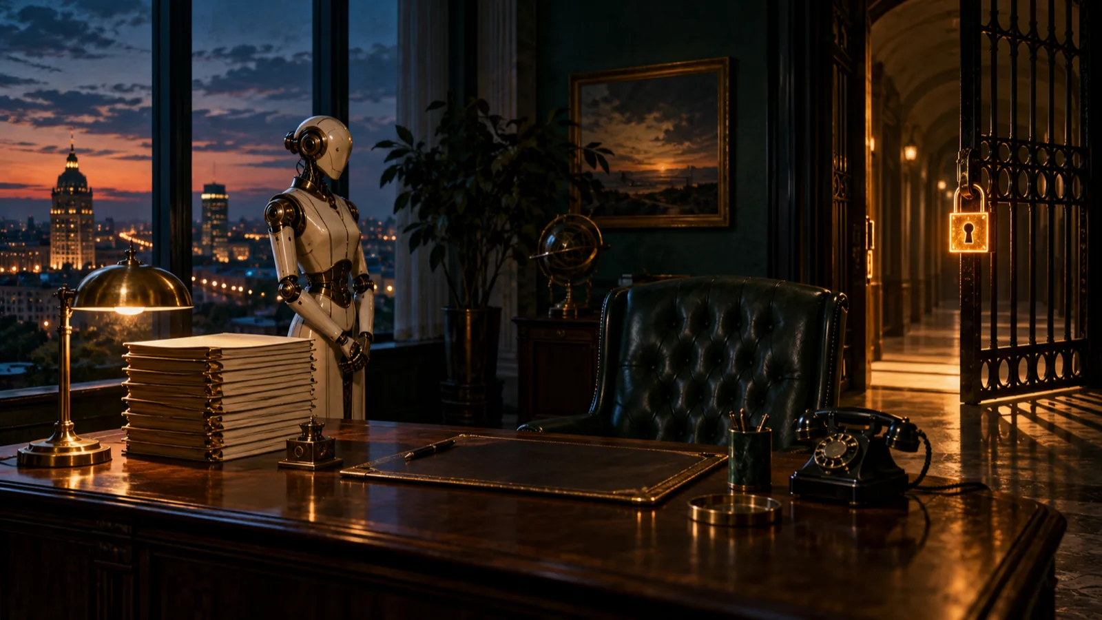 Editorial illustration of an ivory and brass automaton waiting beside a stack of folders in an executive office behind a half-closed brass gate