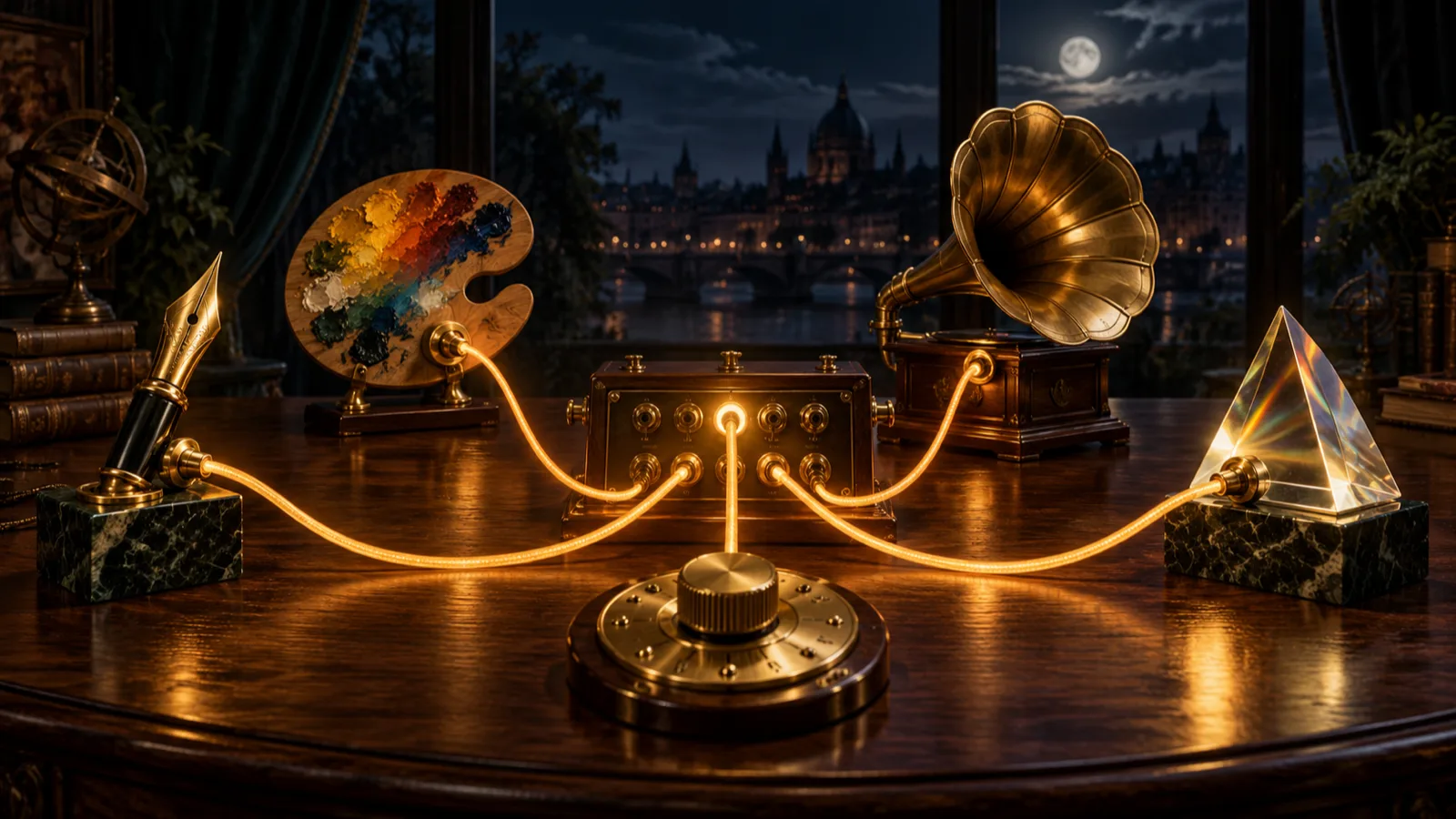Editorial illustration of a brass telephone switchboard routing glowing patch cables to several different instruments on a night desk