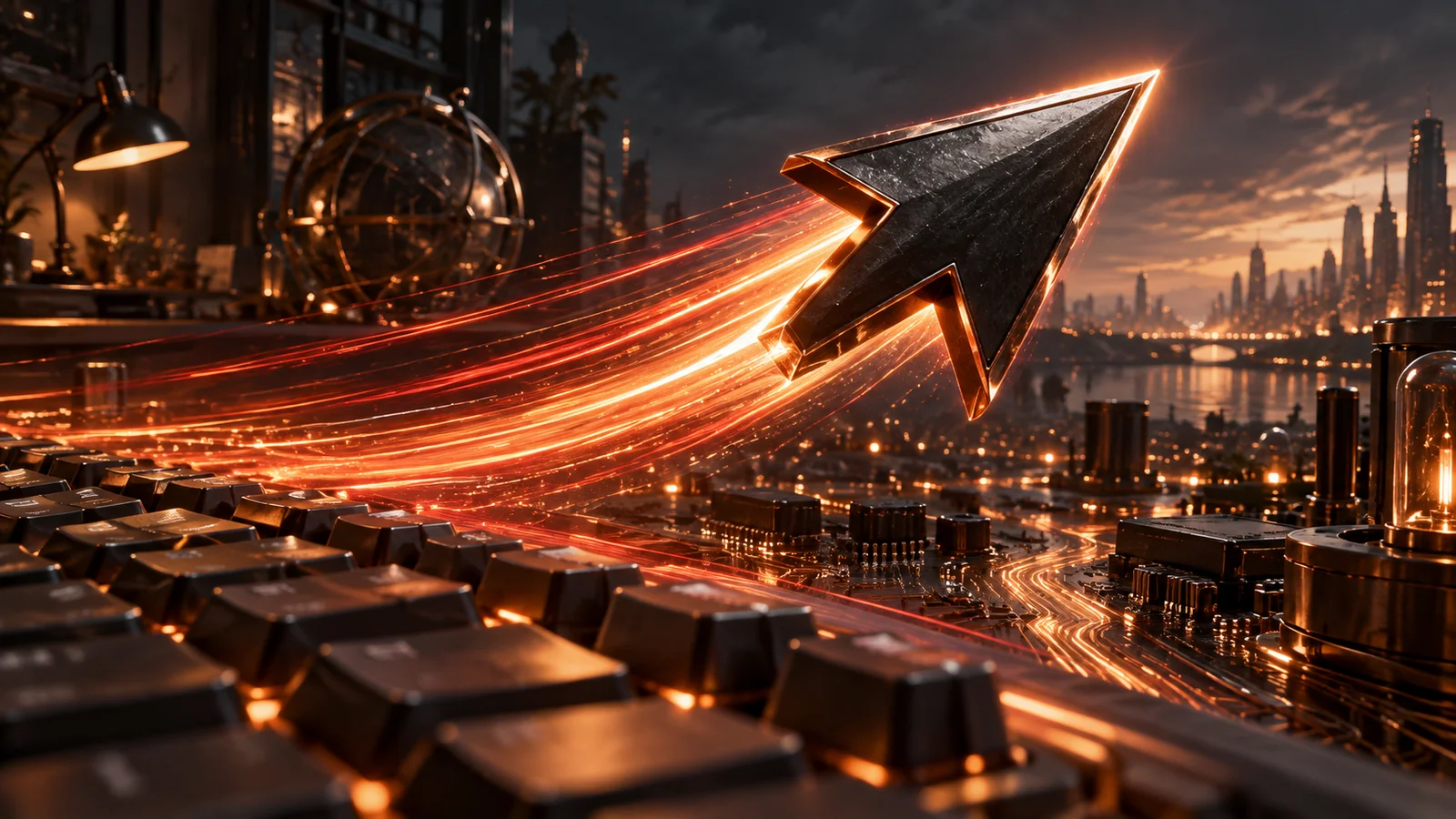A sculptural dark metal cursor arrow races above a keyboard and circuit landscape, trailing copper light through a dark computing workshop.