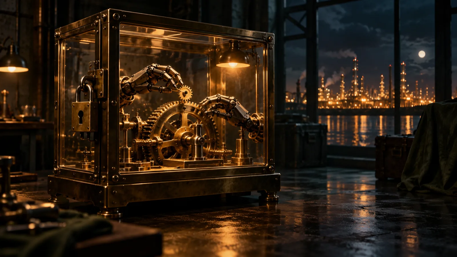 Editorial illustration of mechanical hands repairing brass gears inside a locked glass workshop cabinet on an industrial floor