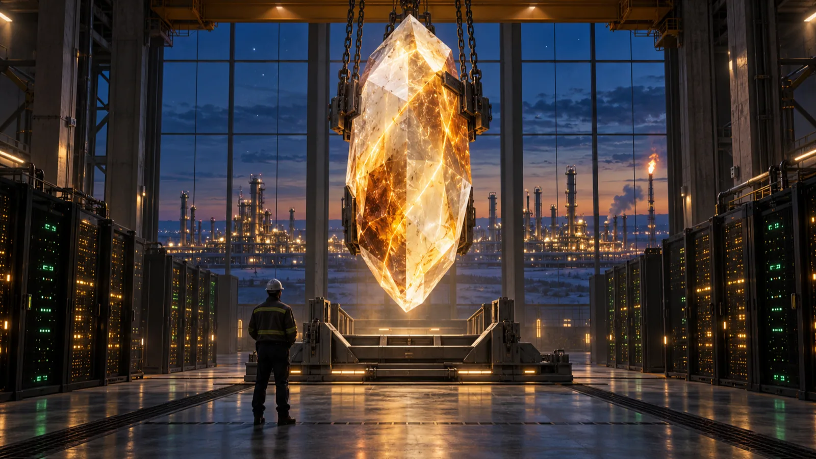 A colossal glowing amber crystal hangs from crane chains above an empty server cradle in an Alberta industrial hall, as an engineer in a hard hat watches with refinery towers beyond the windows.