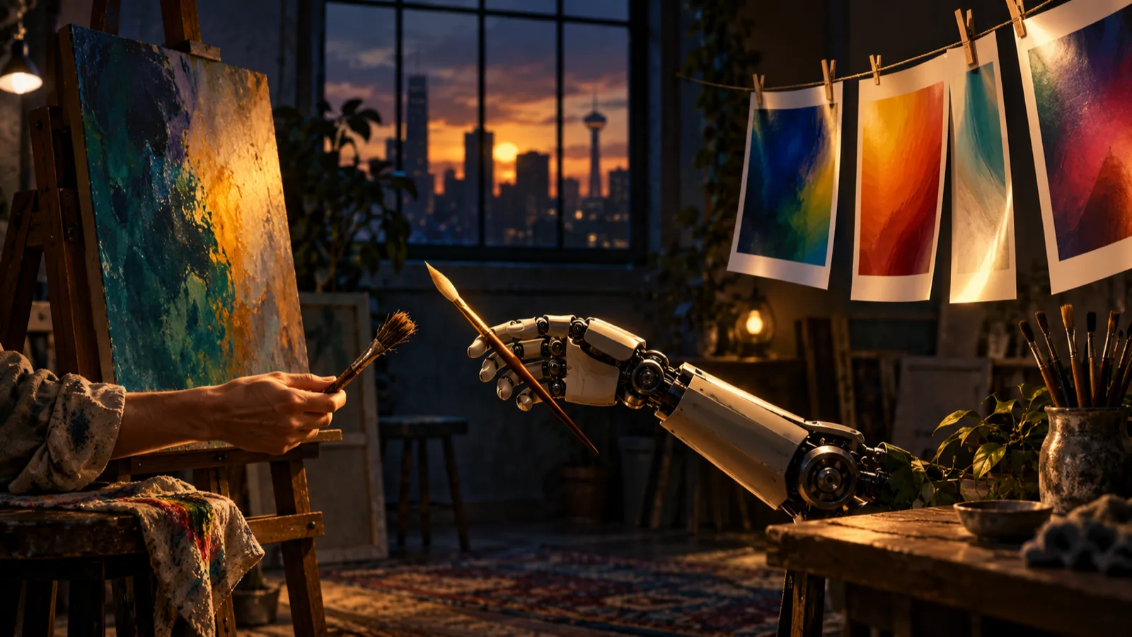 Editorial illustration of a robotic hand offering a fresh brush to a painter's hand beside newly hung colour prints in a studio at dusk