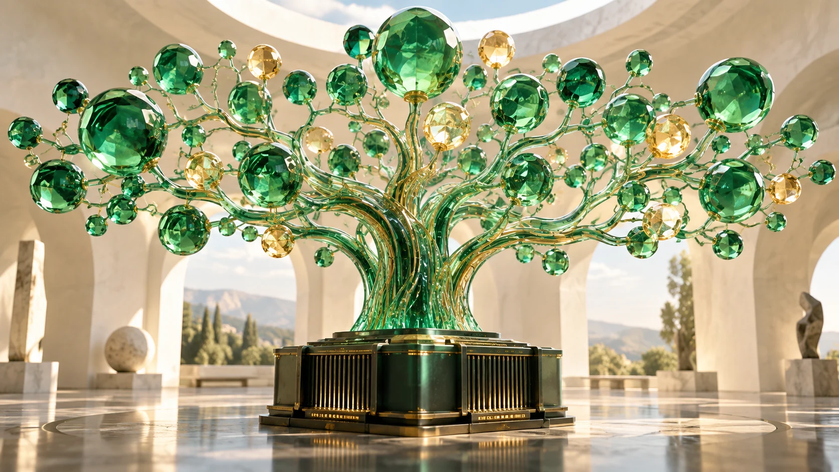 A branching jade-and-amber glass neural tree growing from a processor pedestal.