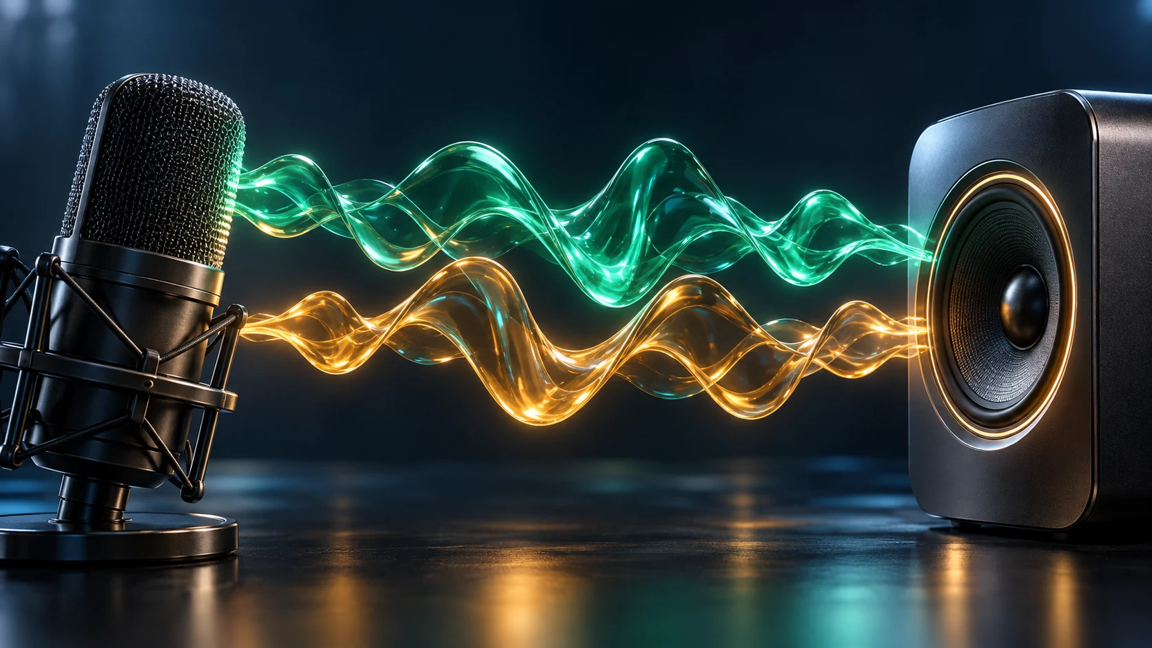 Jade and amber sound-wave ribbons connecting a microphone and speaker.