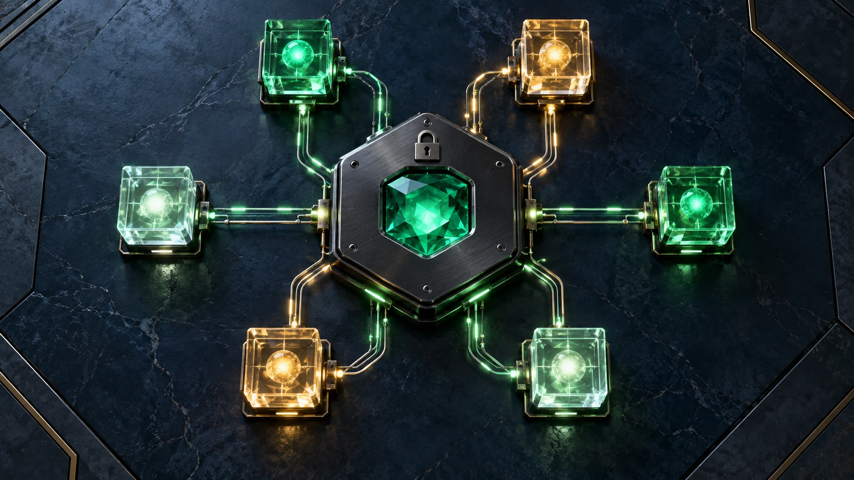 Six illuminated glass cubes connected to a secured central computing core.
