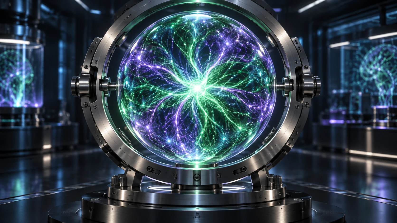 Emerald and violet neural filaments inside a spherical core held by a precision metal ring.
