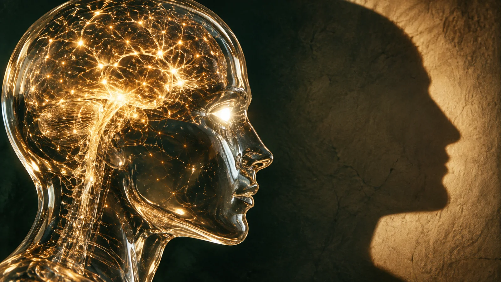 A glass human profile filled with golden neural connections casts a larger shadow on a wall.