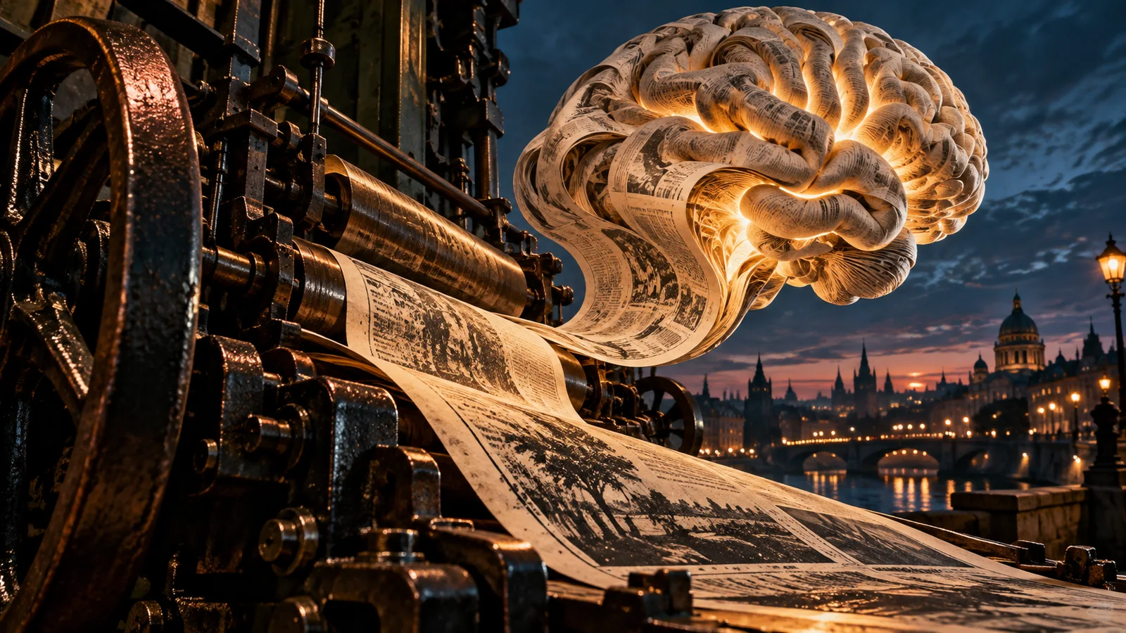 A newspaper printing press unfurls paper into a glowing sculptural brain above a city at dusk.