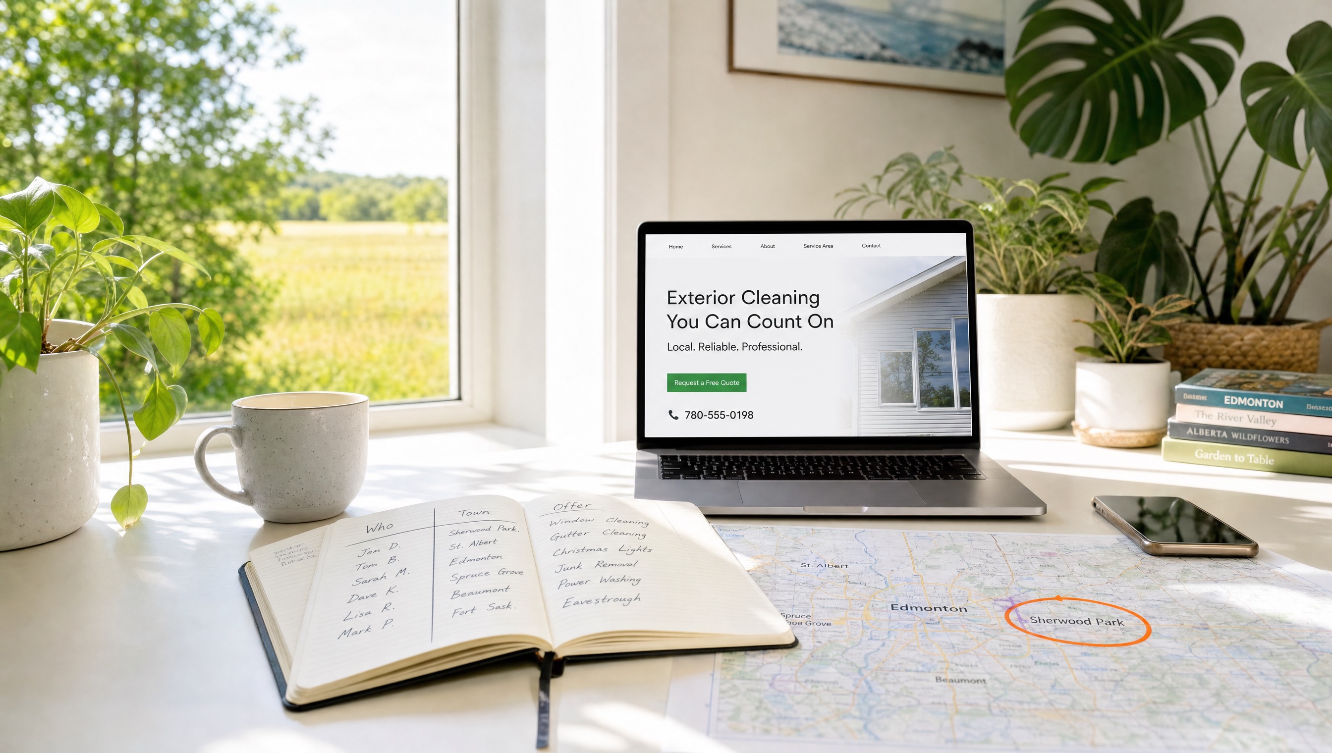 Desk with a local landing page, notebook, and Edmonton-region map