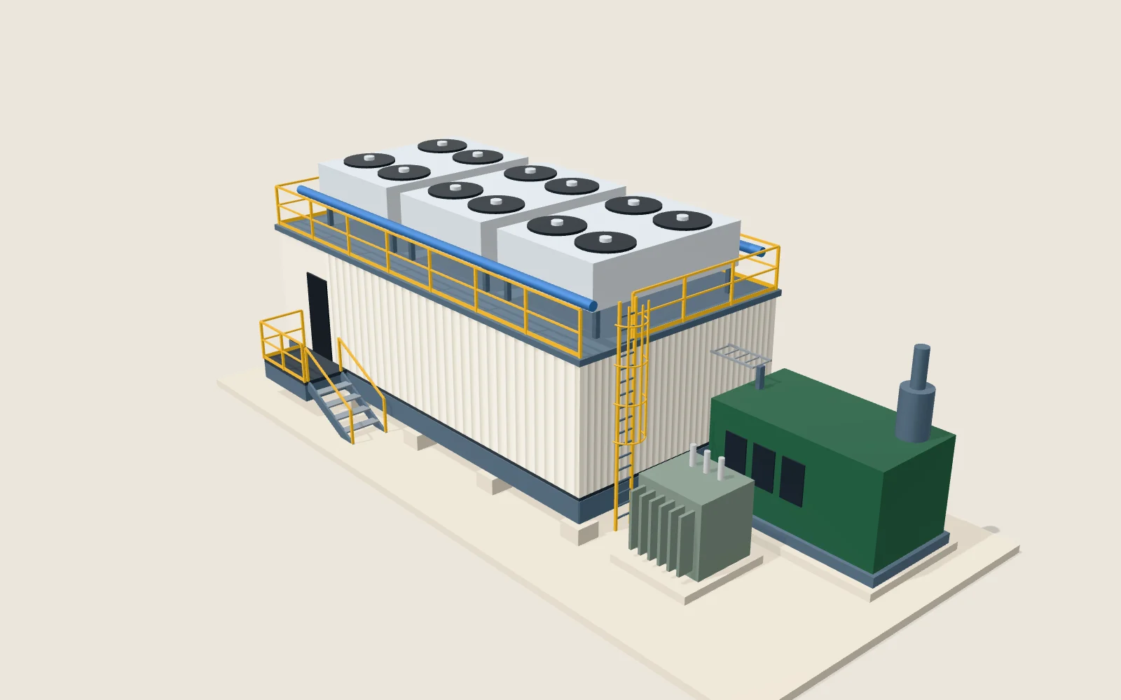 Data centre module with rooftop coolers, generator and transformer.