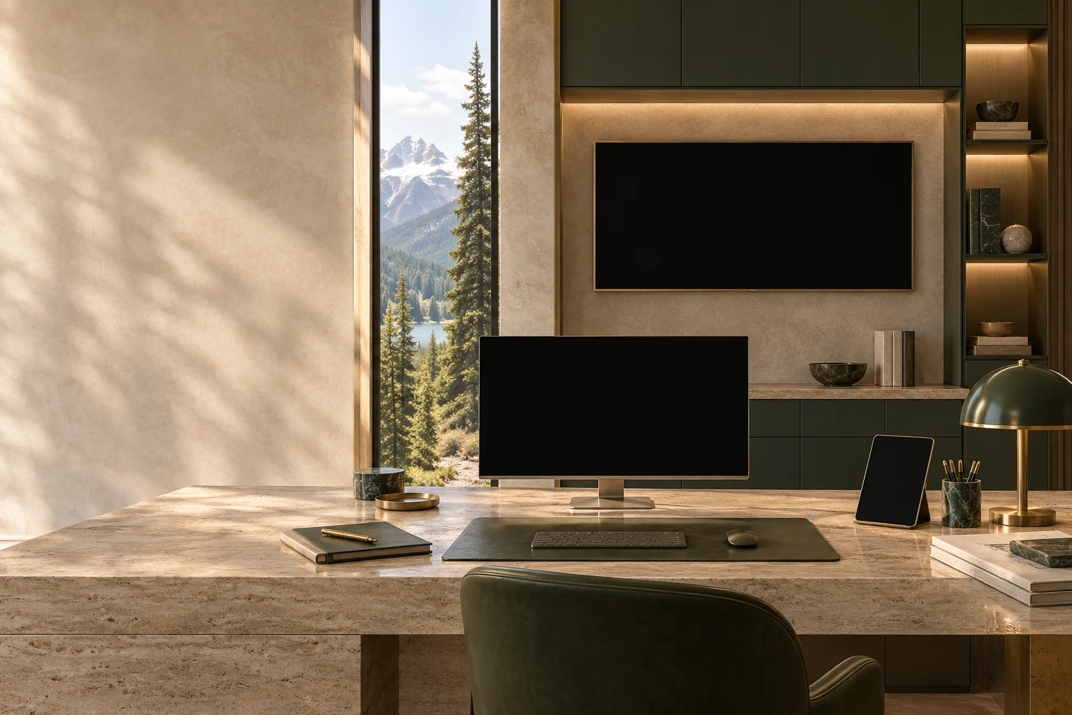 An imagined finance technology room with a stone desk, reporting screens and a mountain view.