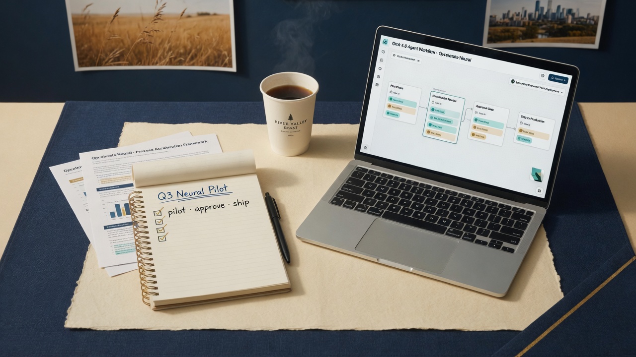 Consulting desk with Grok 4.6 agent workflow on laptop — Opcelerate Neural
