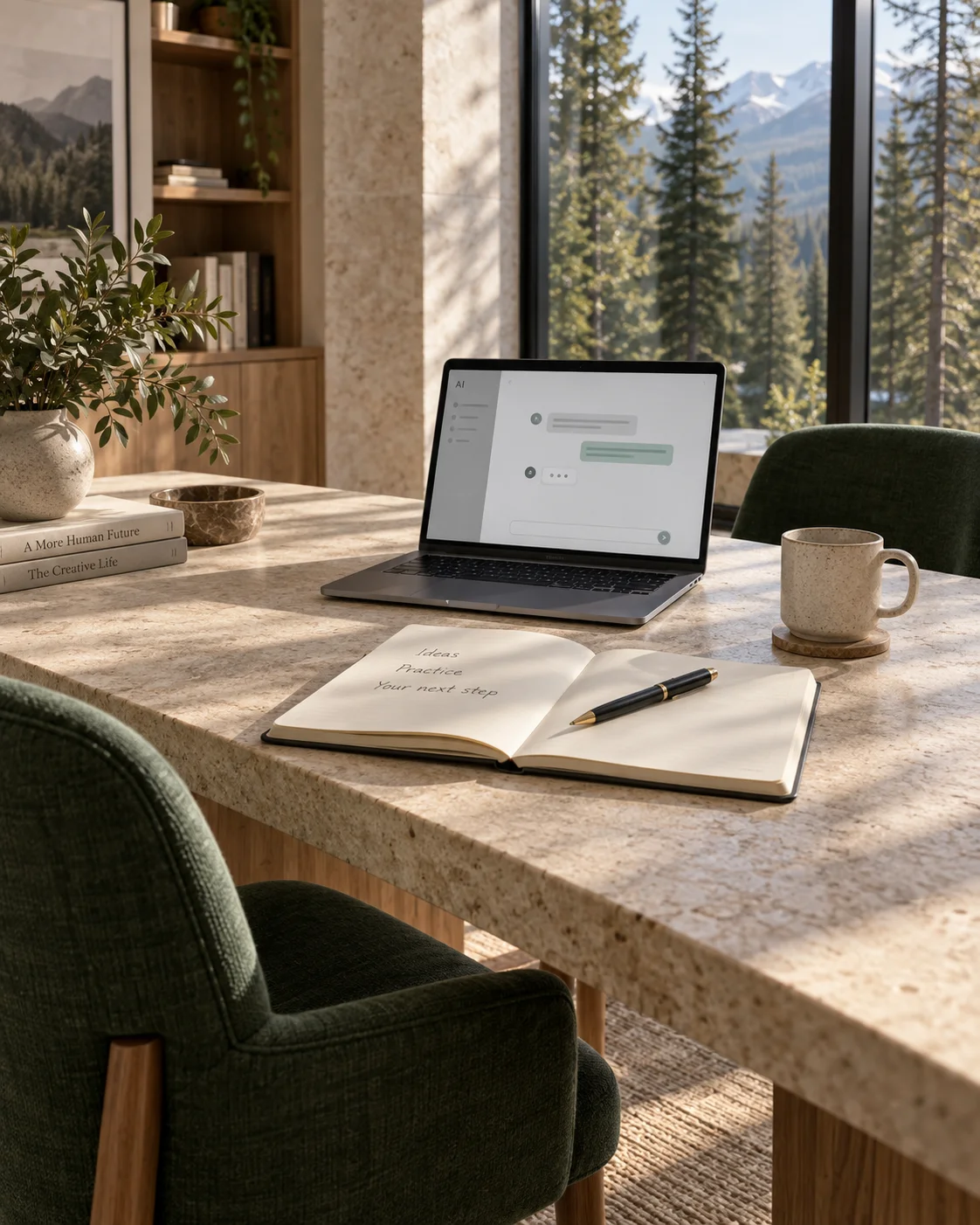 A laptop and open notebook at a warm learning table with green chairs and a forest view.