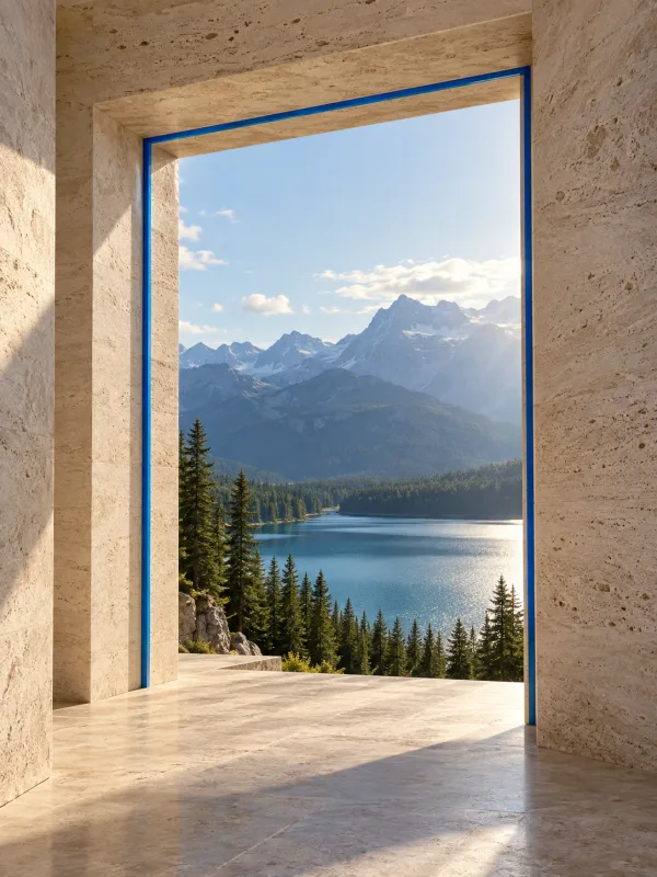 A stone doorway framing a sunlit lake.