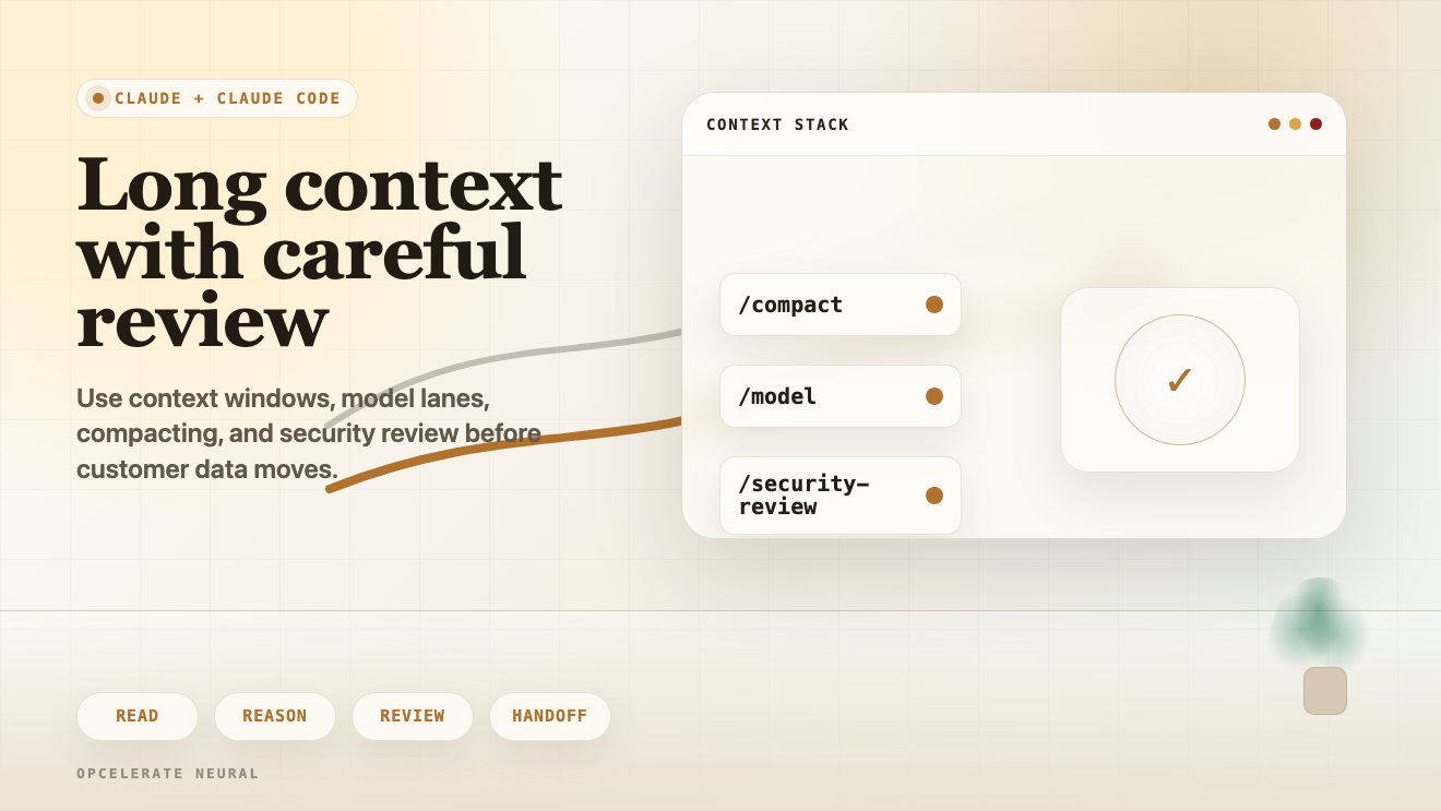 Claude-style workflow with long context, code review, security review, and model controls.