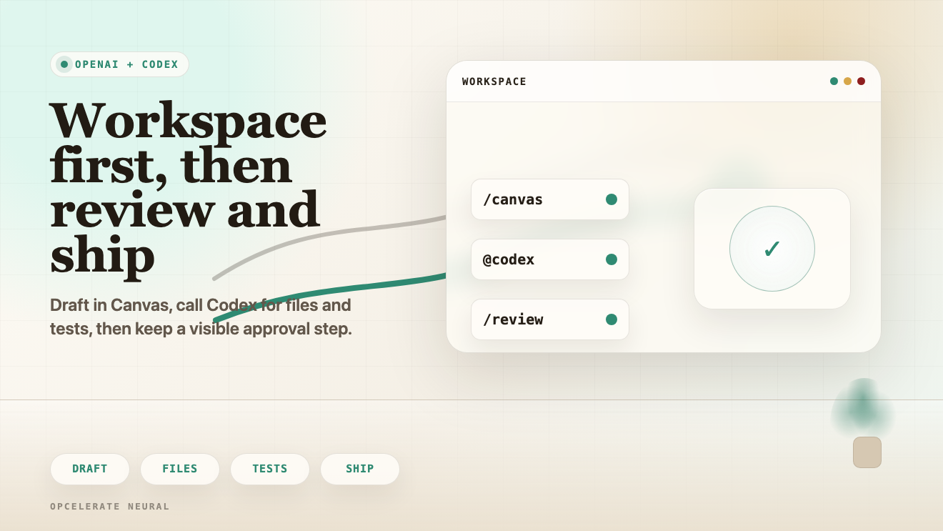 OpenAI-style workflow with a writing workspace, app routing, review checklist, and approval node.