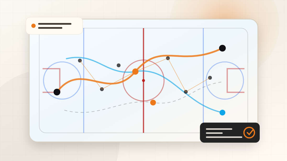 AI hockey analytics map with puck tracking paths and player sensor nodes