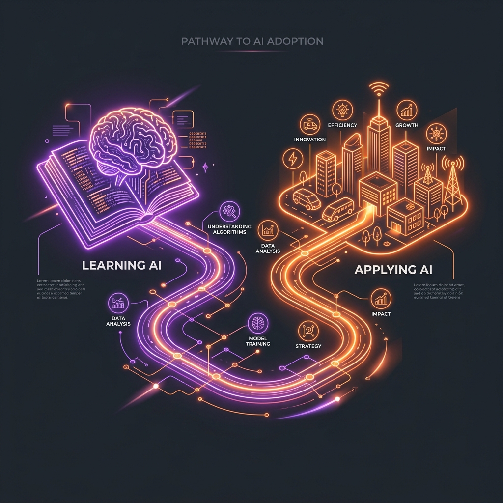 Infographic showing the path from learning AI to applying AI