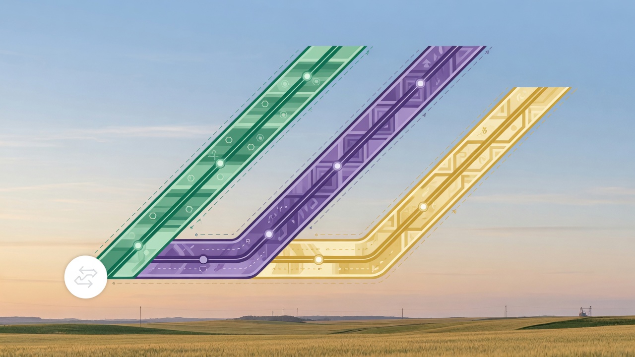 Abstract three-lane Claude model routing illustration for Alberta SMBs