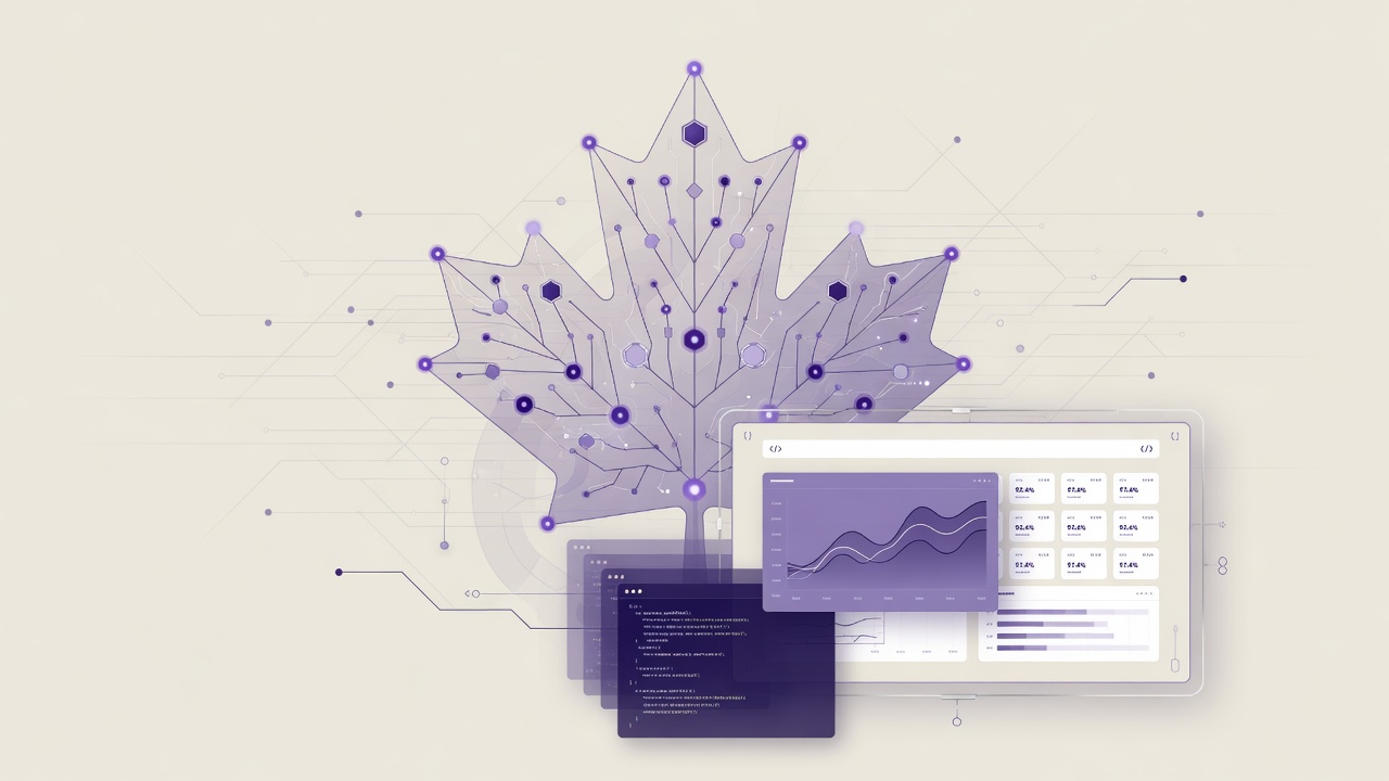 Abstract editorial illustration for Claude Opus 5 AI in Canadian business