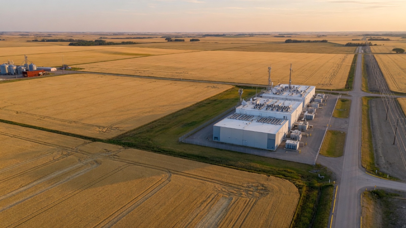 Alberta farmland beside carefully sited industrial digital infrastructure