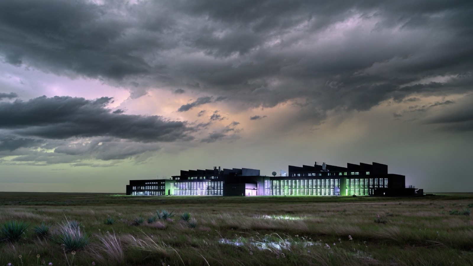 Storm light over a glowing prairie data campus — public mood decoded