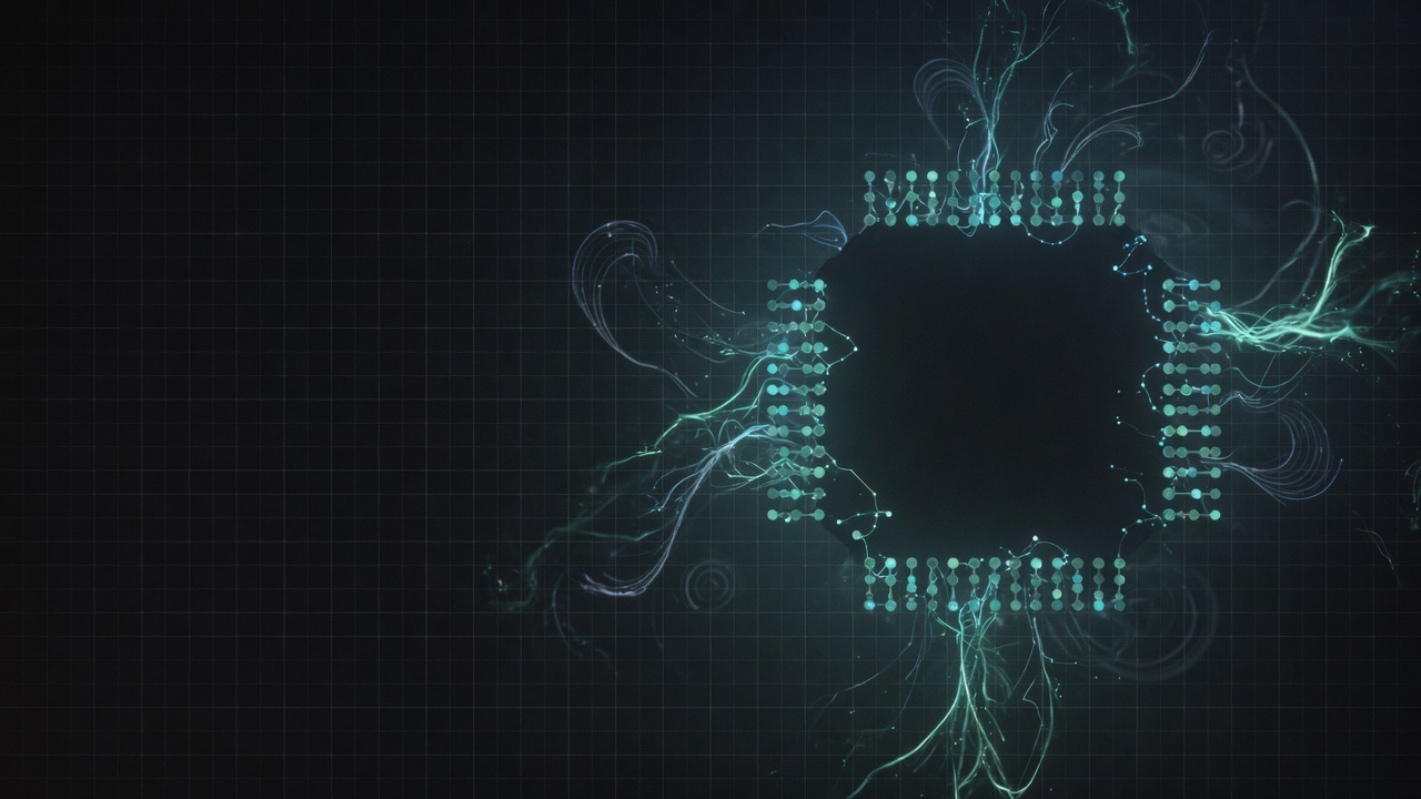 Abstract thermodynamic computing visual — energy, probability, dark deep-tech aesthetic