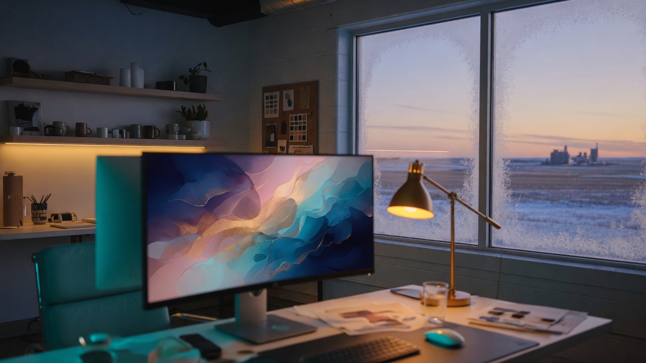 Canadian studio desk with AI image generation on screen at dusk